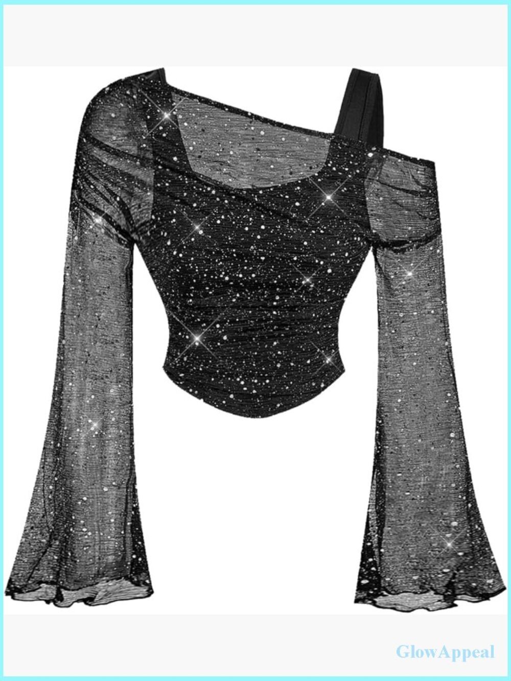 Sequin Mesh Long Bell Sleeve 2 in 1 Crop Top Asymmetrical Neck Fitted Party Top